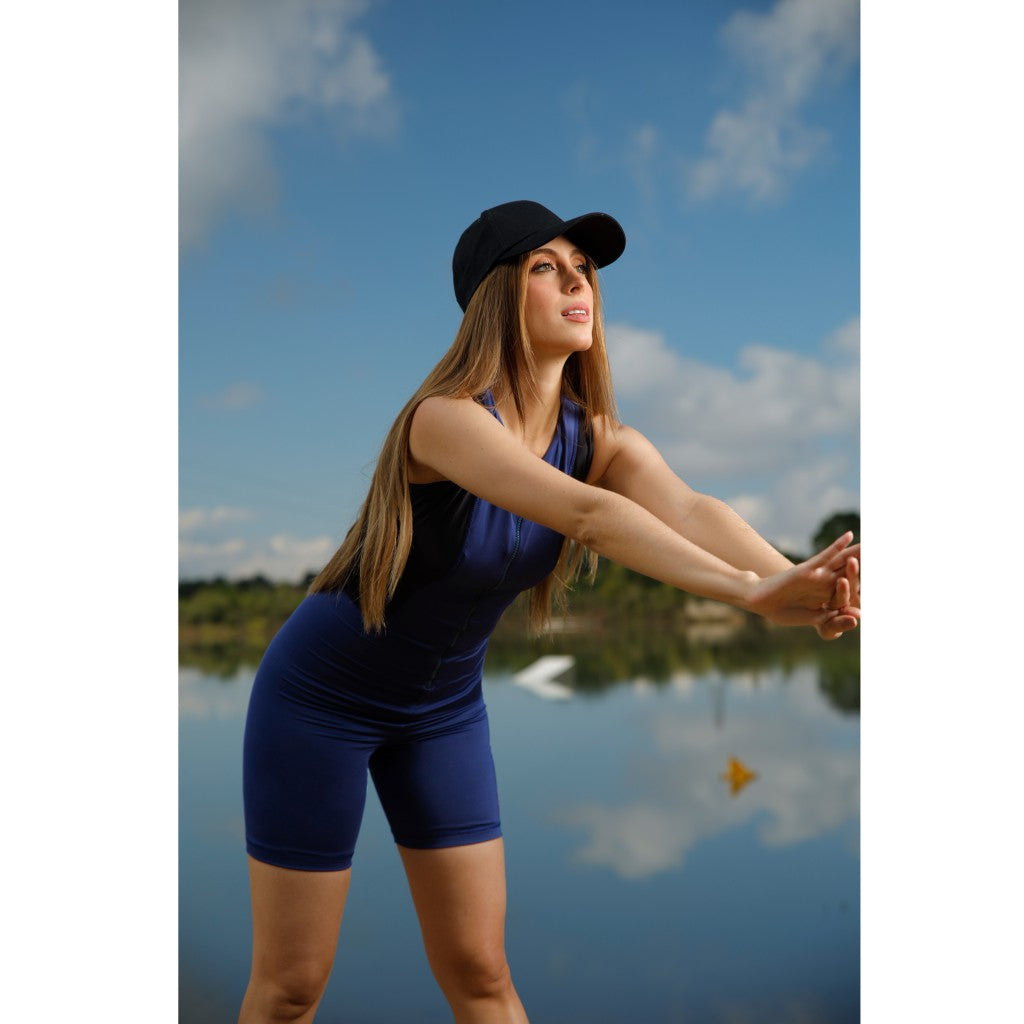 Traje de baño para mujer deportivo, textil reciclado, con protección solar para deportes acuáticos, color azul negro, marca DCVS
