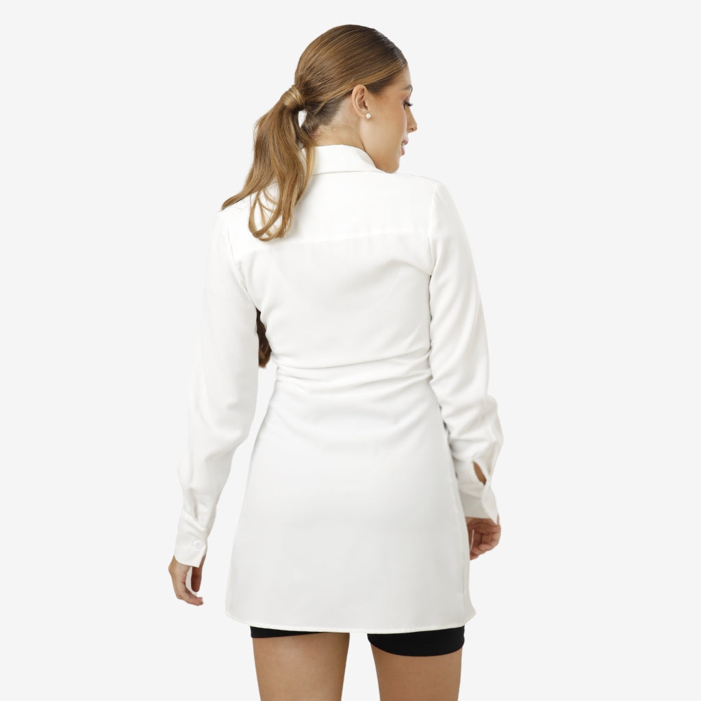  Camisa manga larga para mujer con cuello de escote profundo, color blanco, DCVS